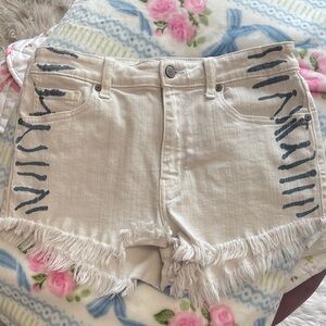 Eunina Cream and Blue Frayed Hem Jean Shorts